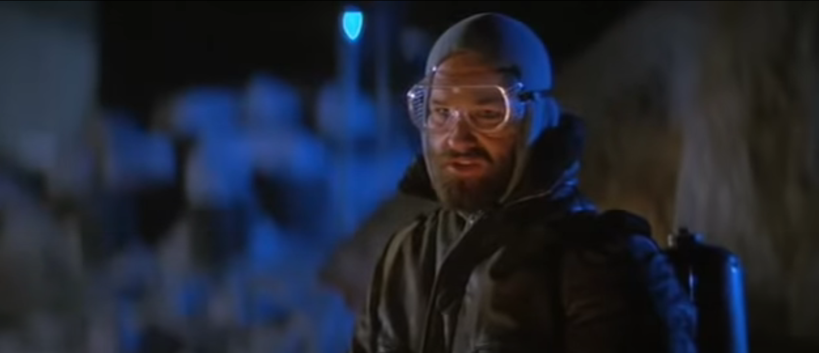Kurt Russell in a safety suit and goggles