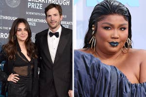 Mila Kunis smiles on the red carpet with Ashton Kutcher vs Lizzo smiles on the red carpet
