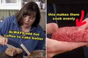 Side-by-side of Ina Garten frosting a cake and Rachael Ray smashing a burger