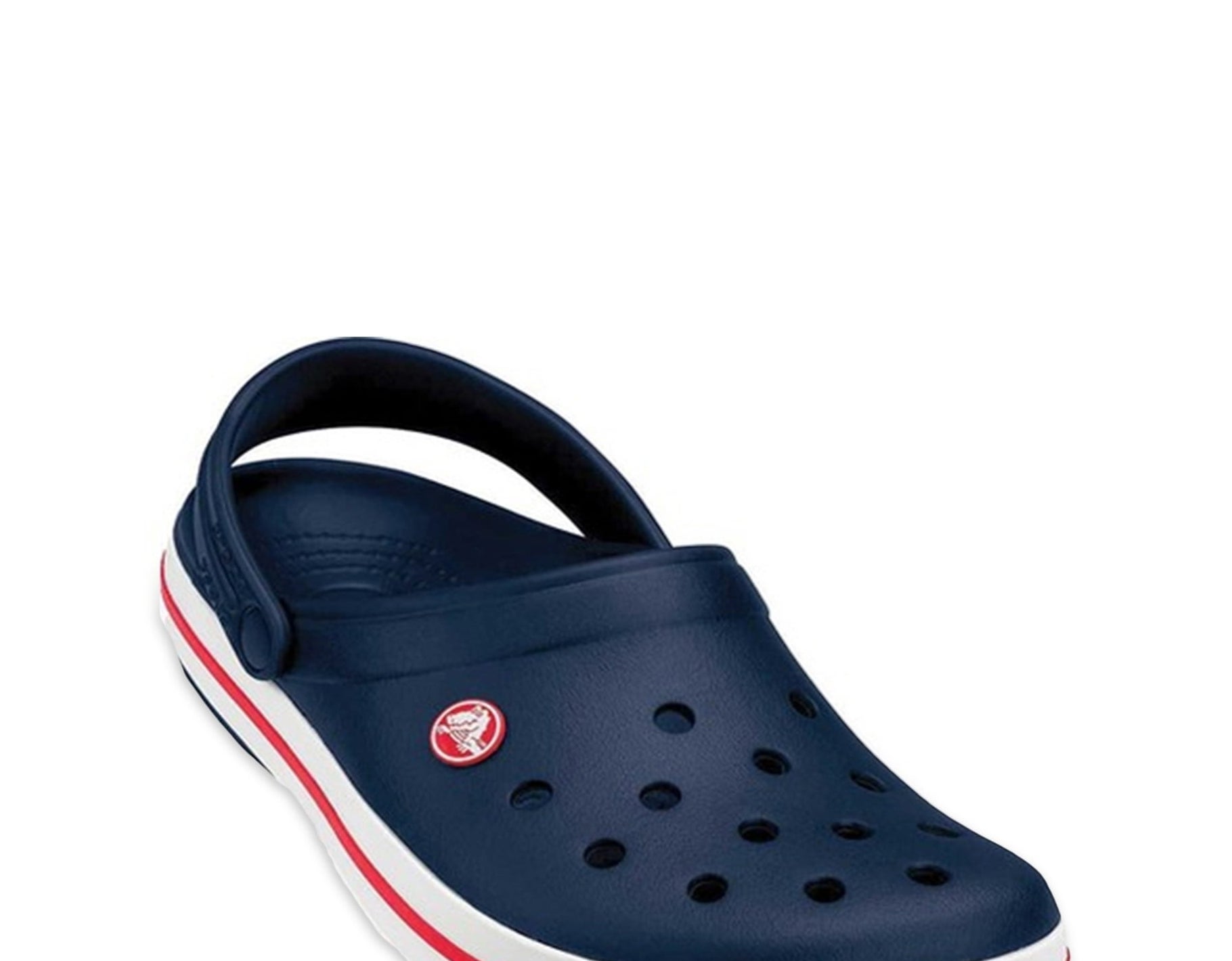 The croc clog sandals in blue with a red stripe.