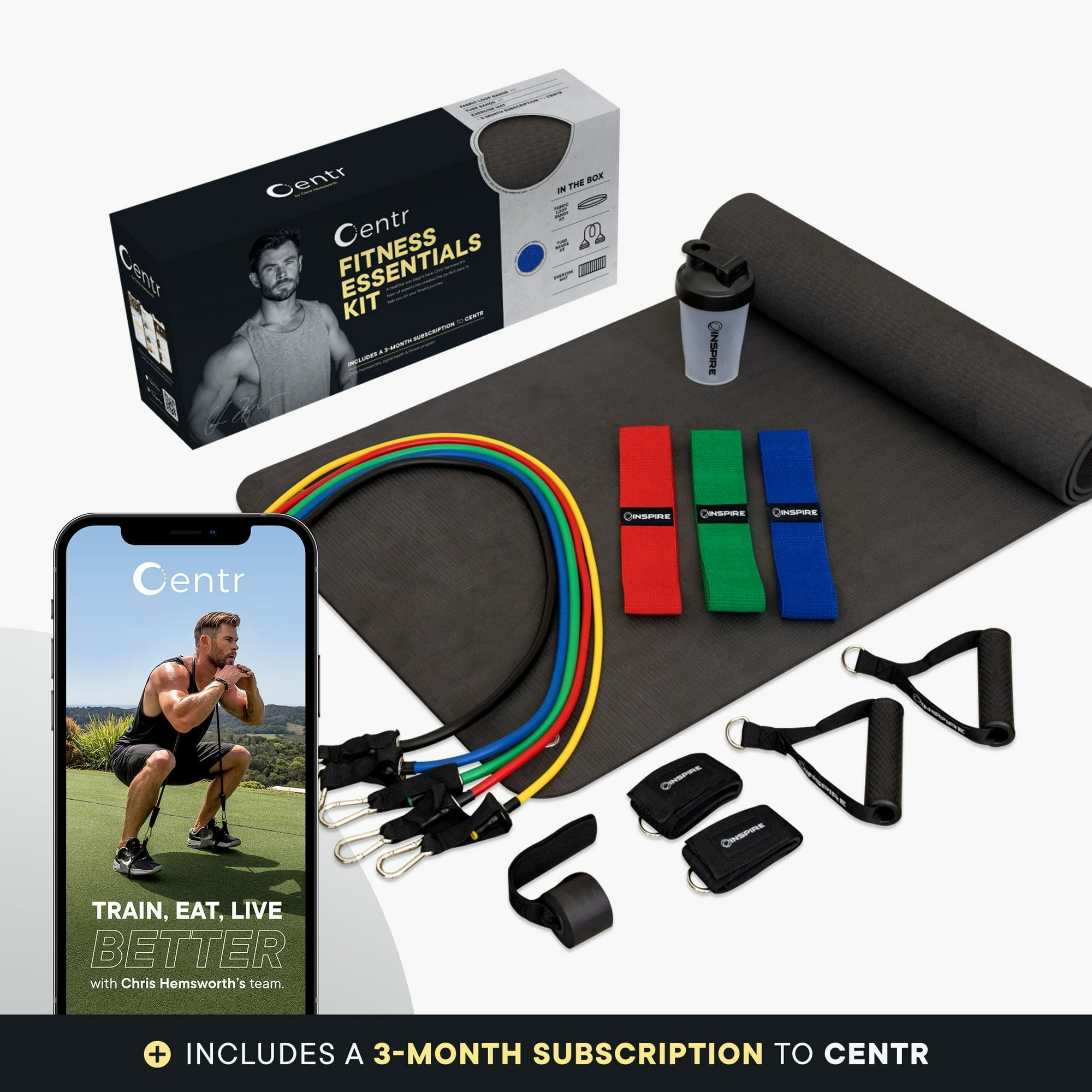 Workout mat, bands, and other fitness equipment.