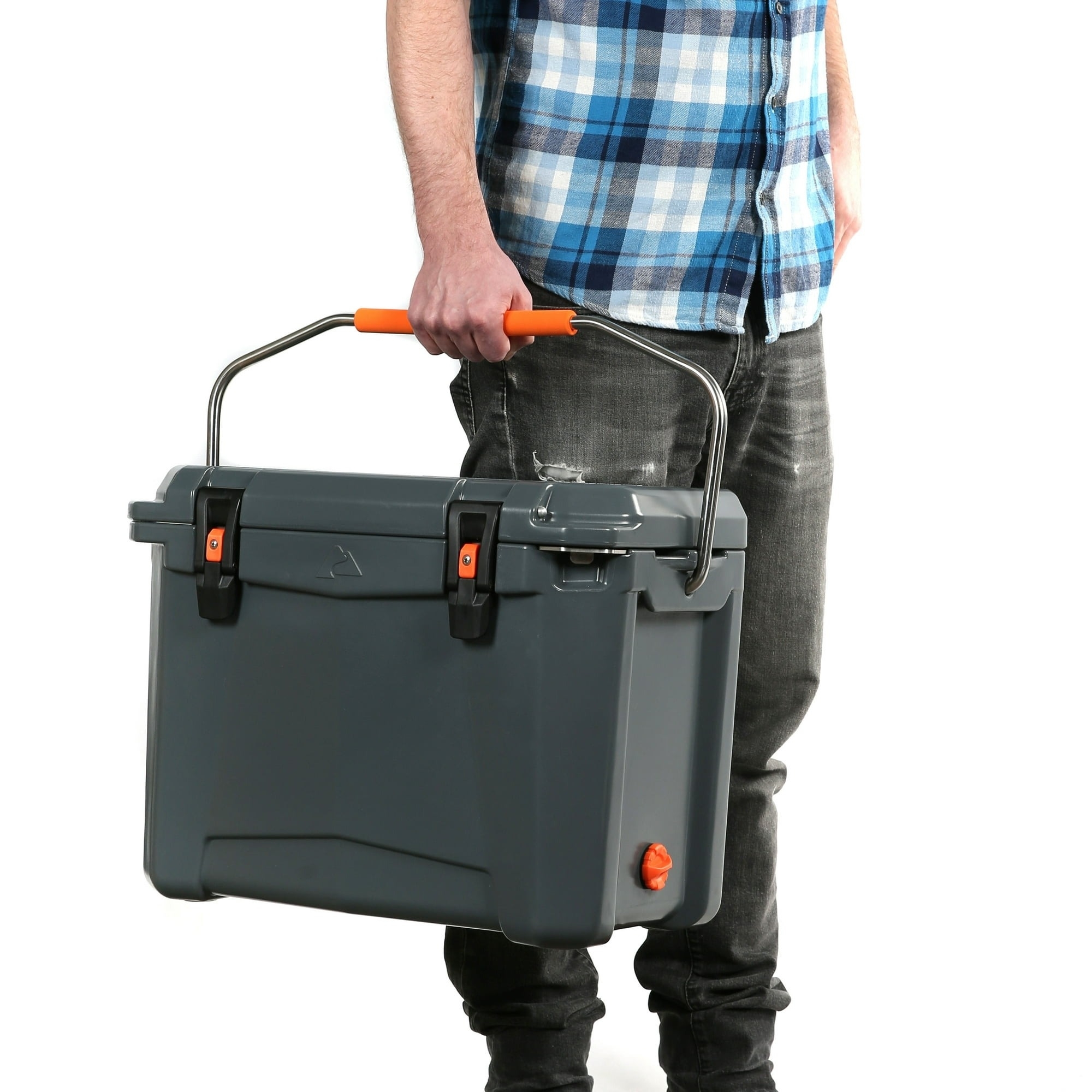 Model holding a grey cooler with an orange handle.