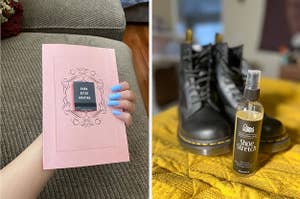 on left: pink Burn After Writing journal. on right: shoe stretch spray in front of black Doc Martens boots