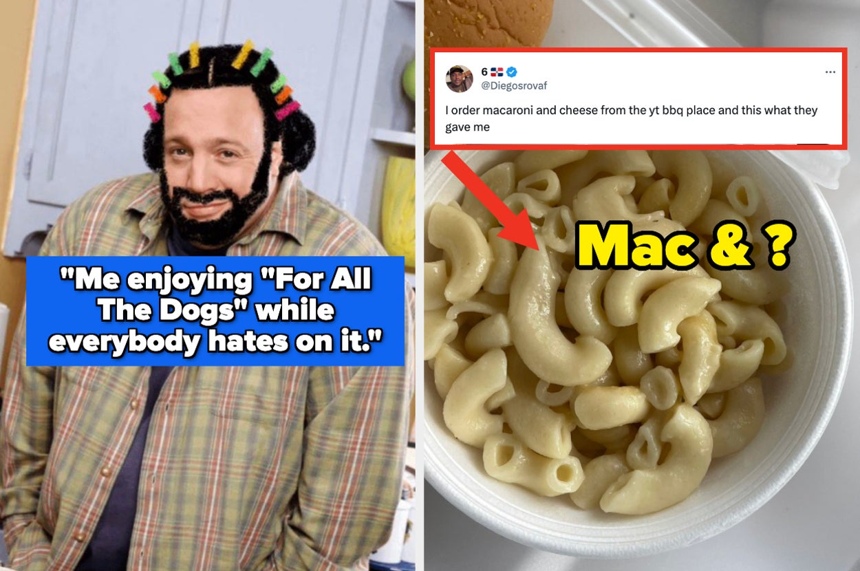 Kevin James meme with caption "Me enjoying 'For All The Dogs' while everybody hates on it" nd on the right is a bowl of plain noodles with caption "I order mac and cheese from the yt bbq place and this what they give me" 