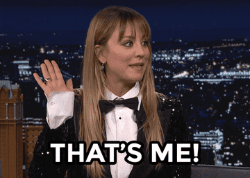 kaley cuoco raising her hand and saying &quot;that&#x27;s me&quot;