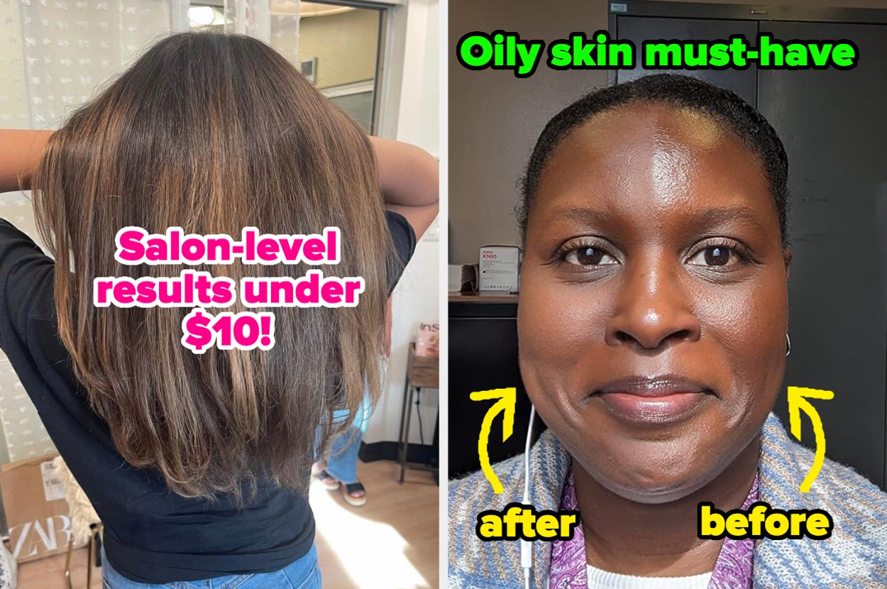 reviewer showing off soft, nourished looking hair  / reviewer showing before/after results for an oil-reducing face product