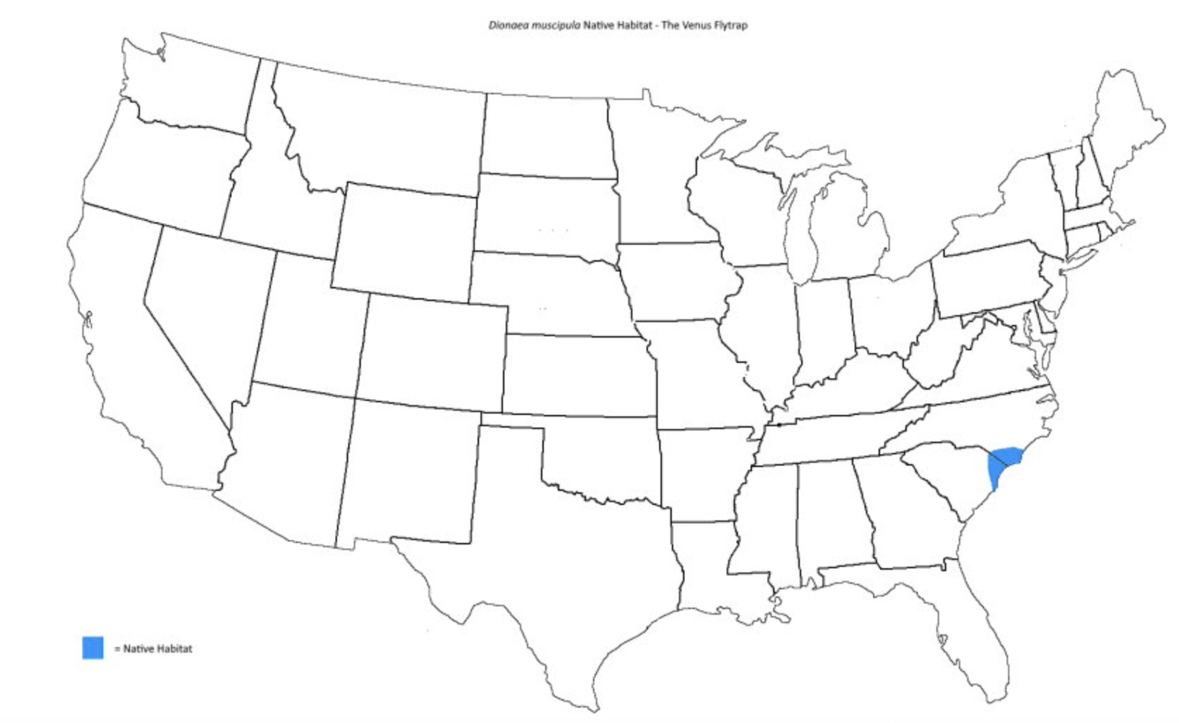 An empty showing the outlines of the US, with only a small border area between North and South Carolina highlighted
