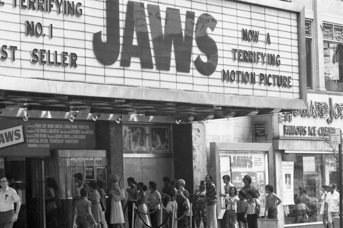 People are in line to purchase tickets for the movie &quot;JAWS&quot;