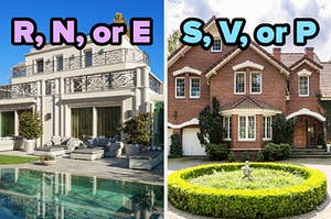 On the left, a mansion with a pool out back labeled R, N, or E, and on the right, a brick mansion labeled S, V, or P