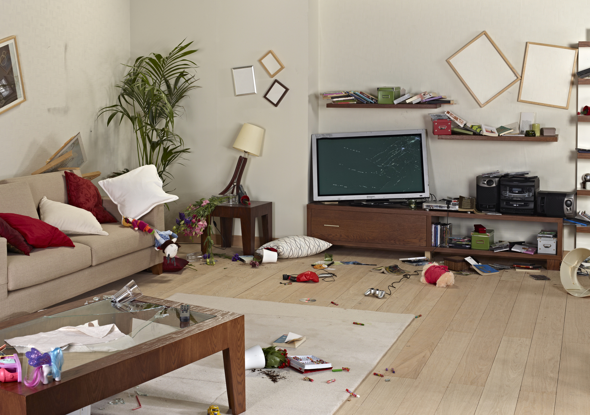 A destroyed living room