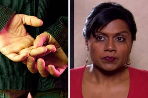 hands removing a wedding ring next to mindy kaling crying