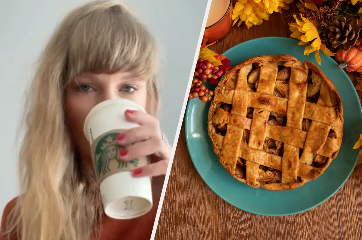 Taylor Swift drinking Starbucks and an apple pie.