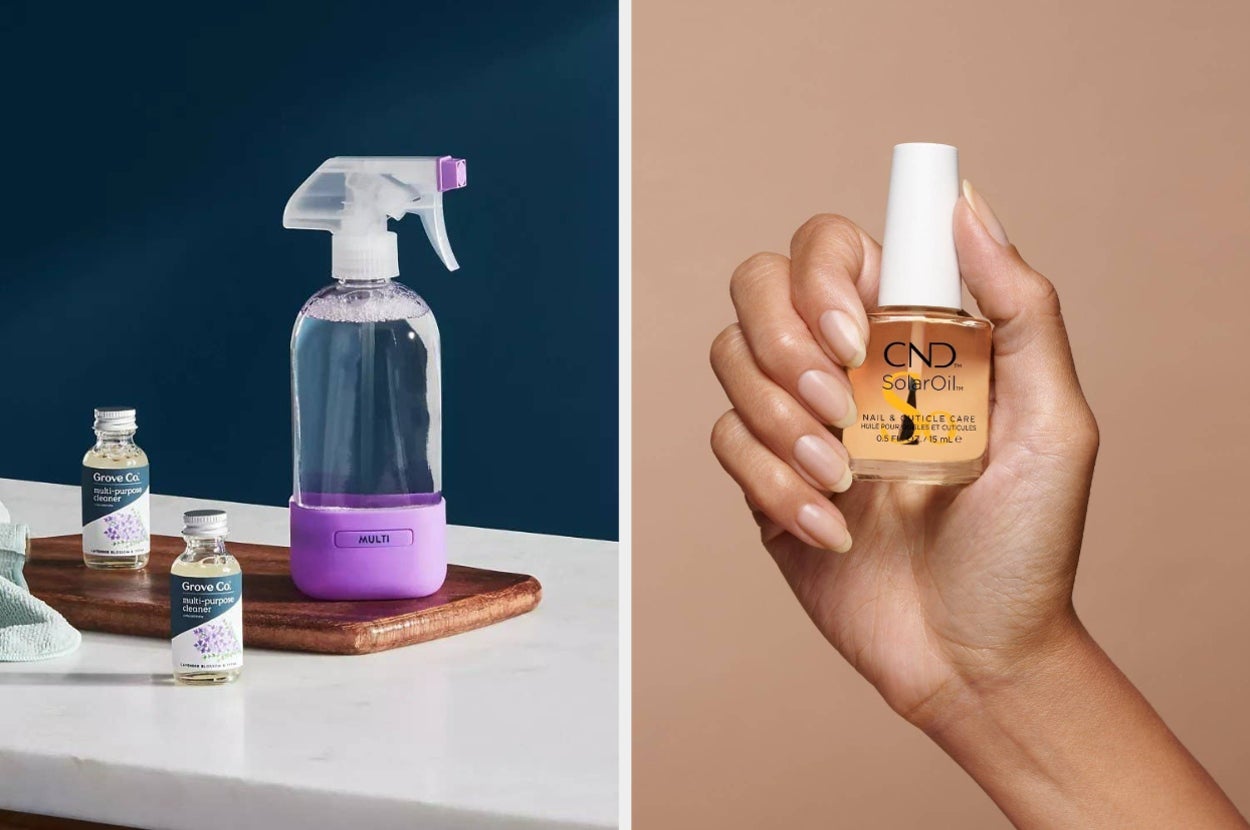 on left: plant-based multipurpose cleaner with matching reusable spray bottle. on right: model holding bottle of CND Solar Oil