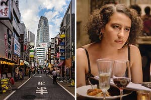 On the left, the streets of Tokyo, and on the right, Ilana from Broad City sitting in front of a plate of food at a restaurant