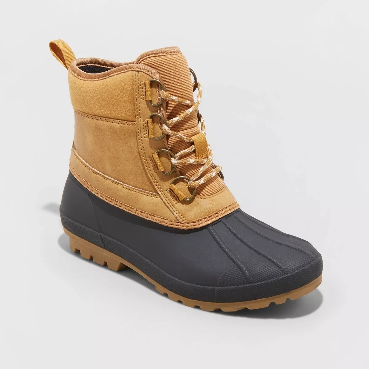 tan and black waterproof duck boots