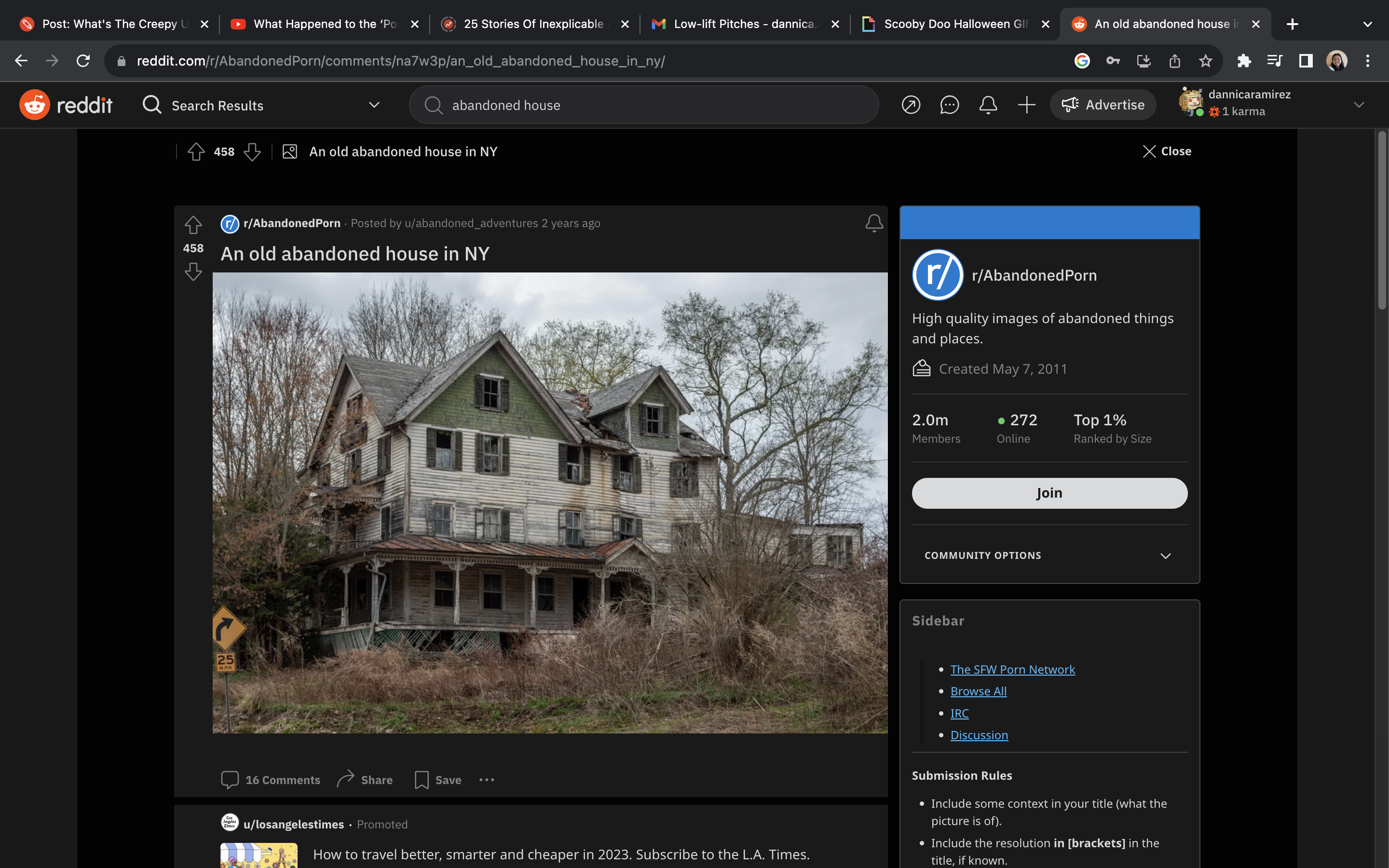An abandoned house is shown