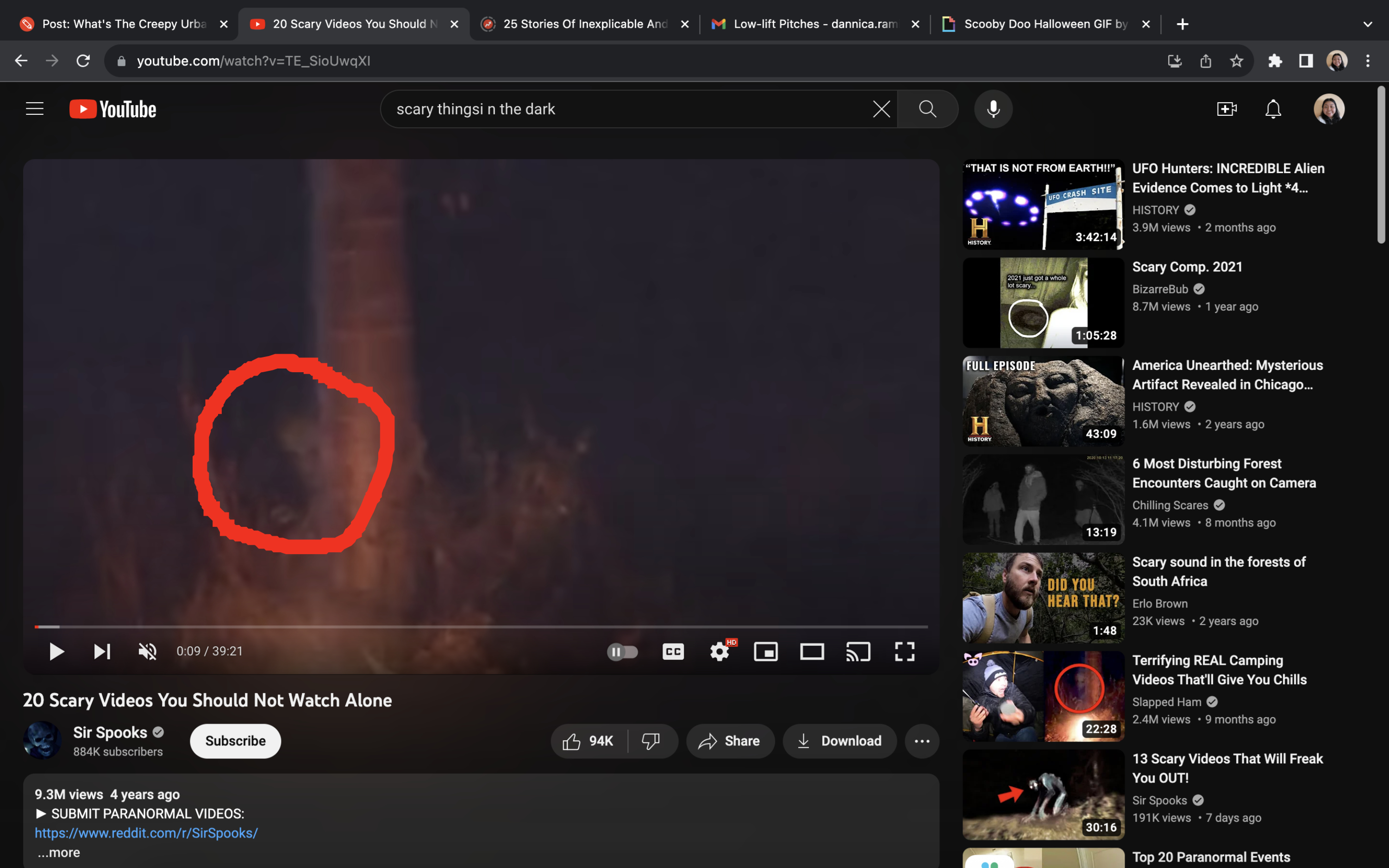 A dark image shows an unexplained figure in the woods