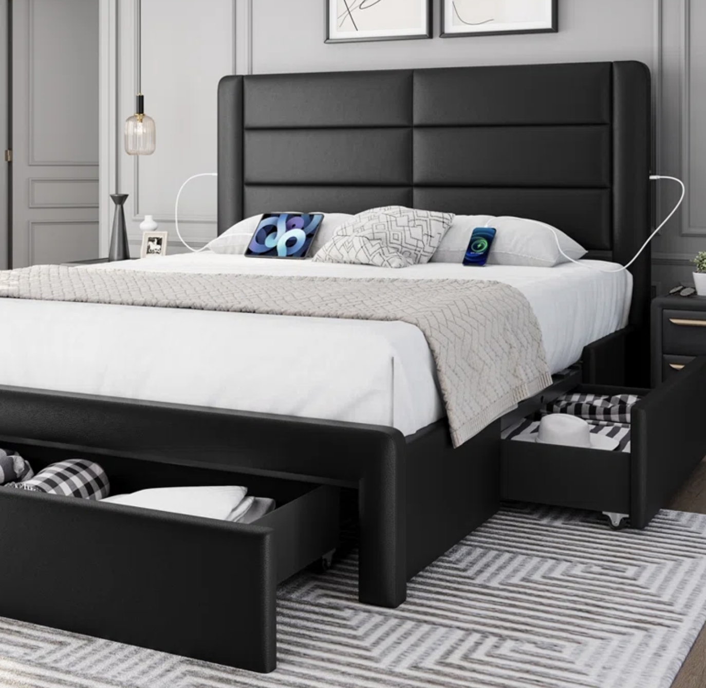 an upholstered storage bed with shelves opened