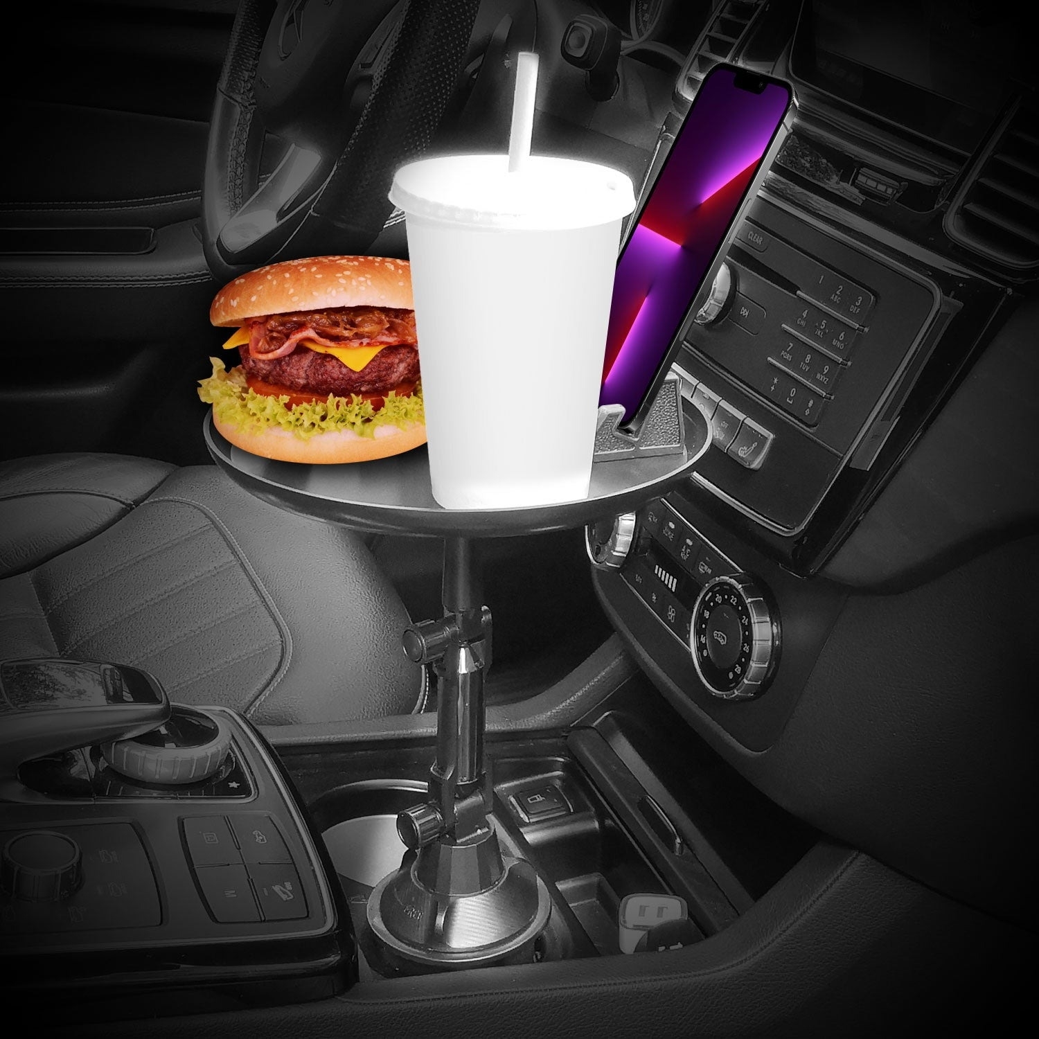 Food sits on a tray in a supholder