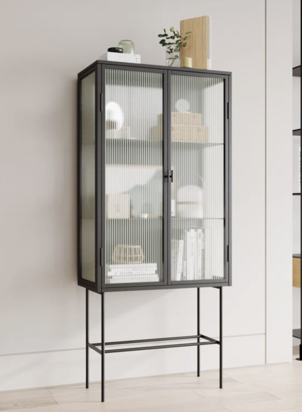 a steel accent cabinet with slightly transparent doors