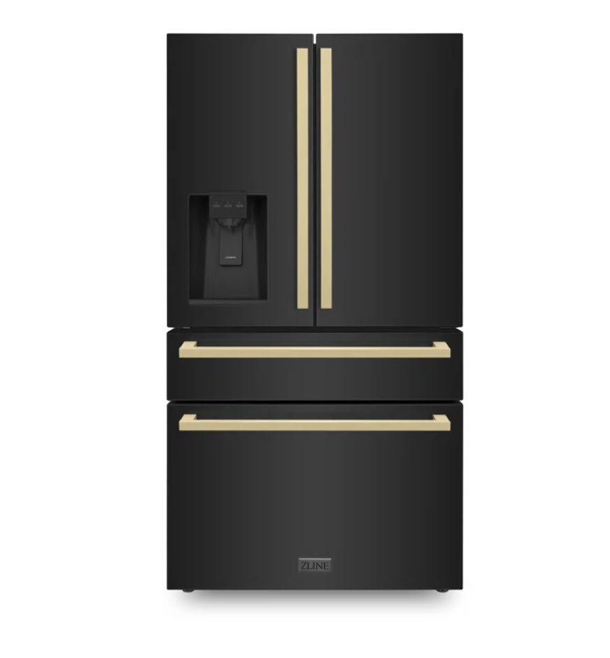 tall black French door refrigerator with gold handles