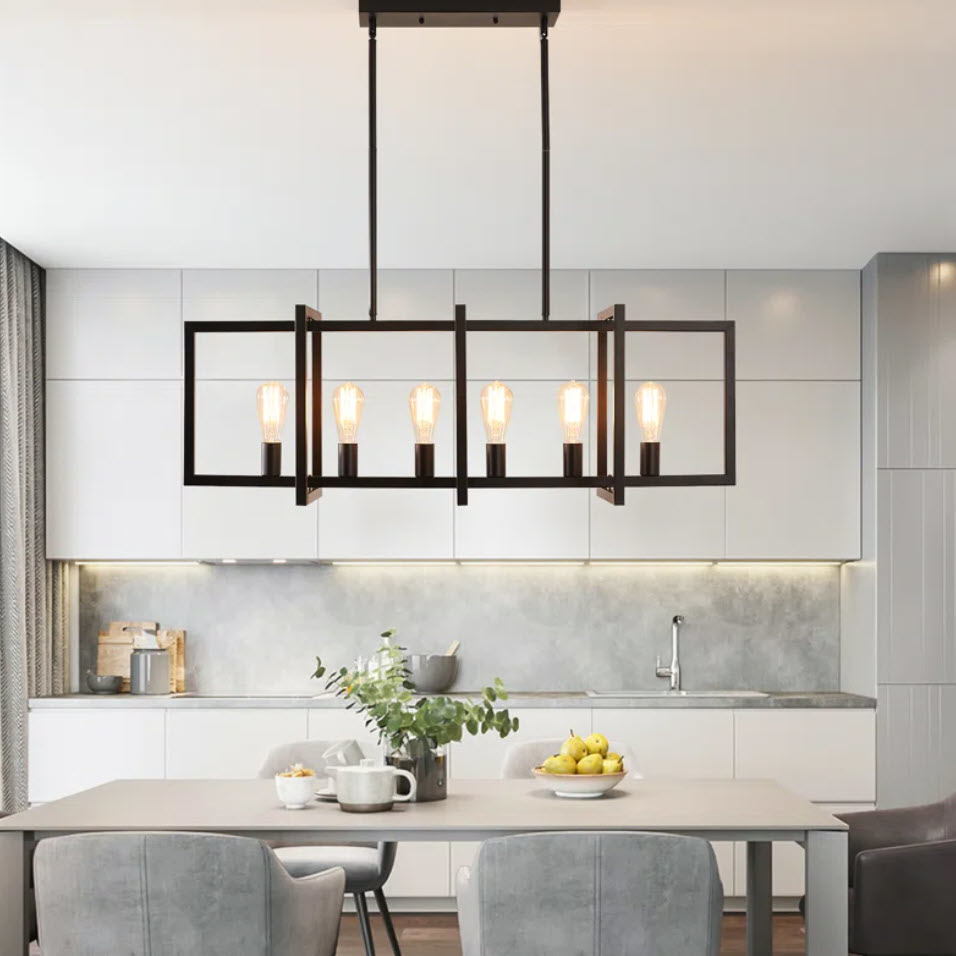 long pendant lighting above dining table with six bulbs