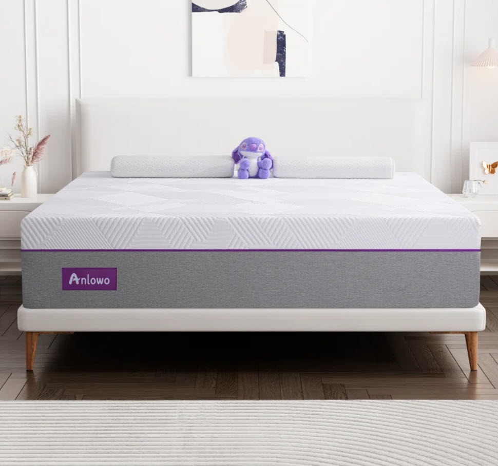 Anlowo queen sized mattress with purple stuffed animal sat atop