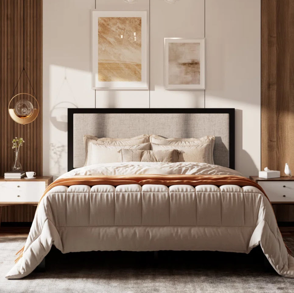 modern style bedframe set with matching neutral colored bedding set