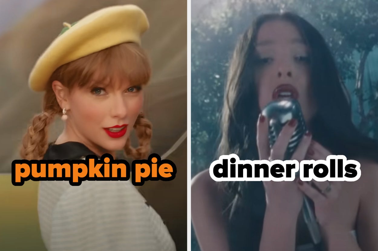 On the left, Taylor Swift turning around in the Karma music video labeled pumpkin pie, and on the right, Olivia Rodrigo singing into an old fashioned microphone in the Vampire music video labeled dinner rolls