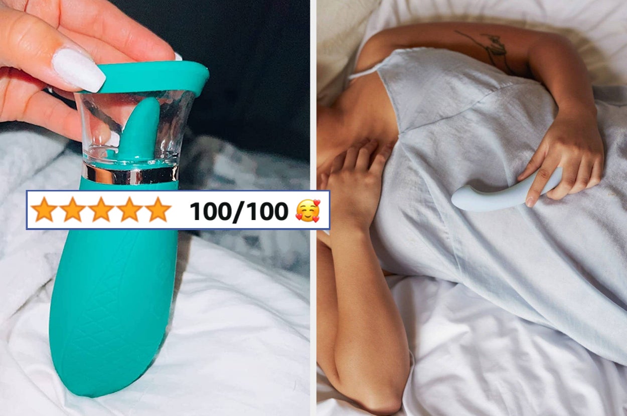 reviewer holding teal clitoral stimulator and model posing with light blue vibrator