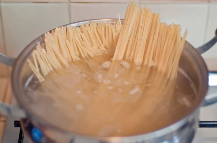 Spaghetti boiling in a large pot