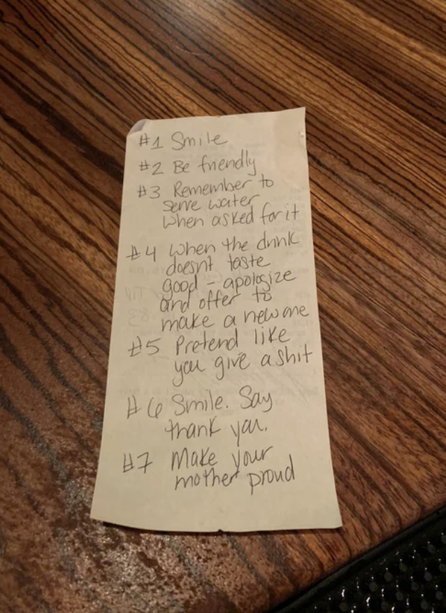 Writing on the back of a receipt