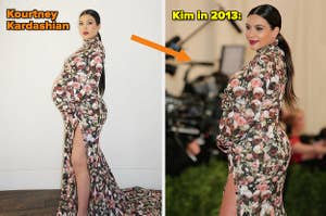 Kourtney Kardashian cradles her baby bump as she poses for a pic vs Kim Kardashian cradles her baby bump on the red carpet