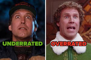 On the left, Chevy Chase opening his eyes wide as Clark in Christmas Vacation labeled underrated, and on the right, Will Ferrell singing as Buddy in Elf labeled overrated