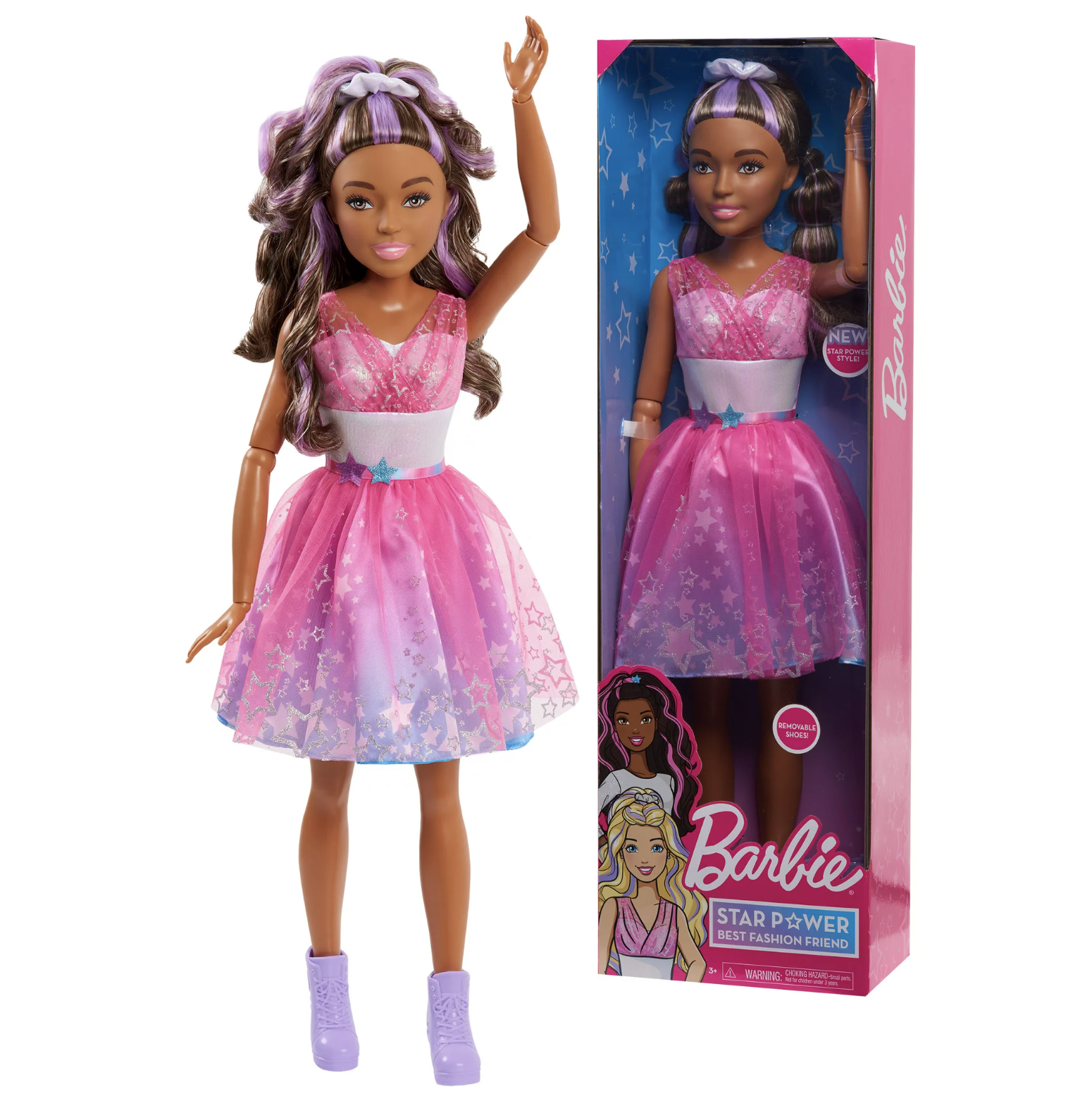 Barbie with purple hair streaks, starry dress, and removable shoes