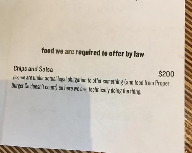 food we are requered to offer by law: chips and salsa for $200