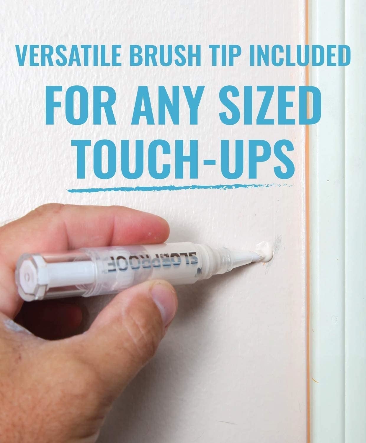 A hand using the pen to touch up a wall with text &quot;versatile brush tip included for any sized touch-ups&quot;