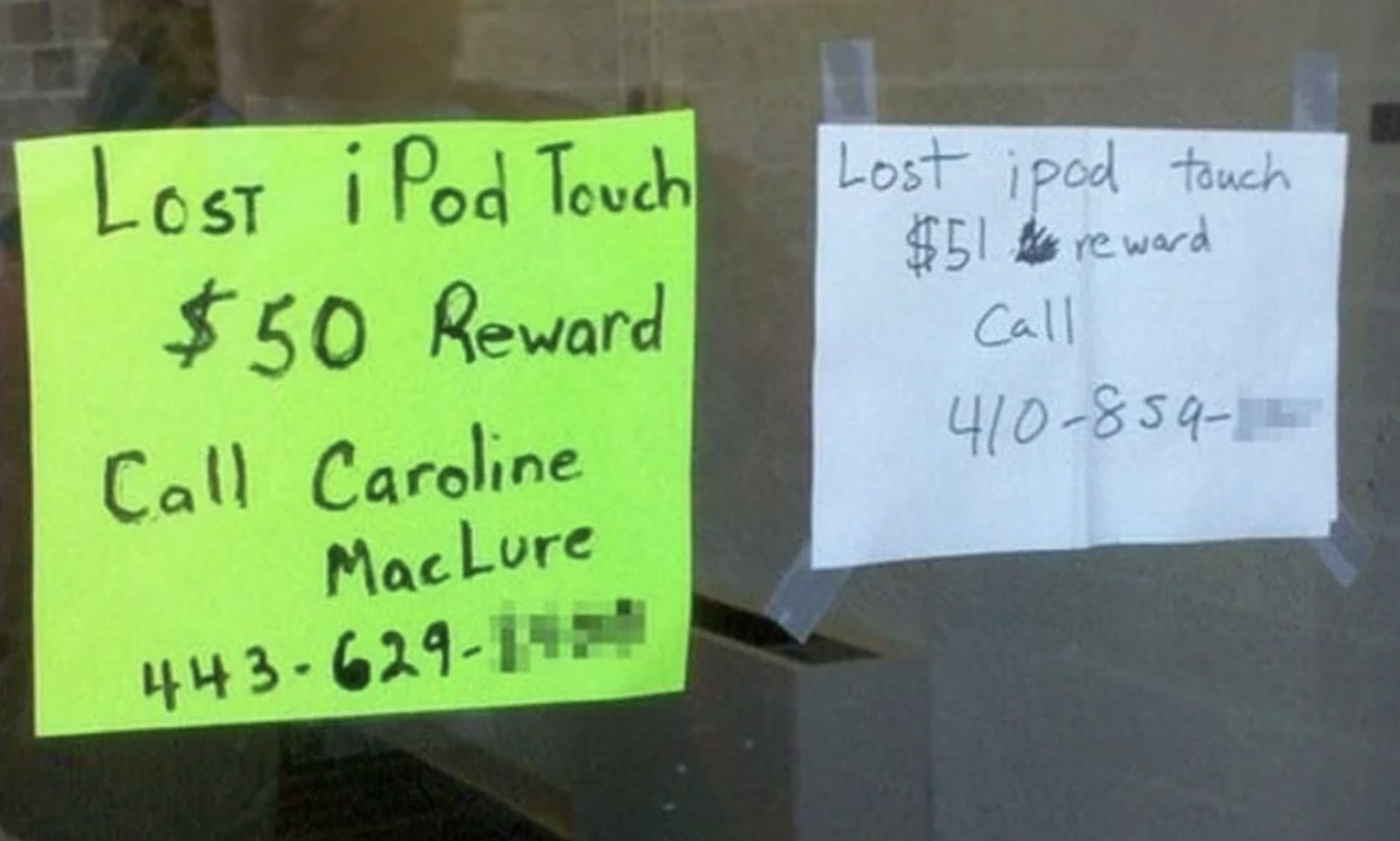 2 reward posters next to each other, one giving $50 for a lost ipod touch and the other giving $51 for a lost ipod touch