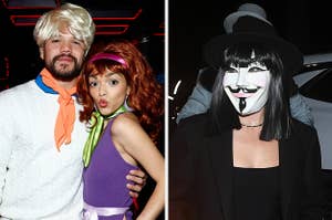 Rachel Zegler dressed as Daphne vs Margot Robbie wears a mask on Halloween 2023