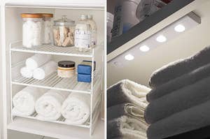 a wire shelf organizer on the left and a light bar on the right