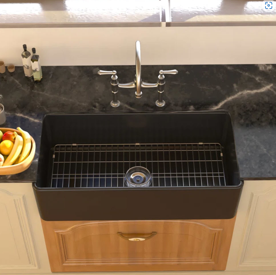 black matte farmhouse style sink with granite counter