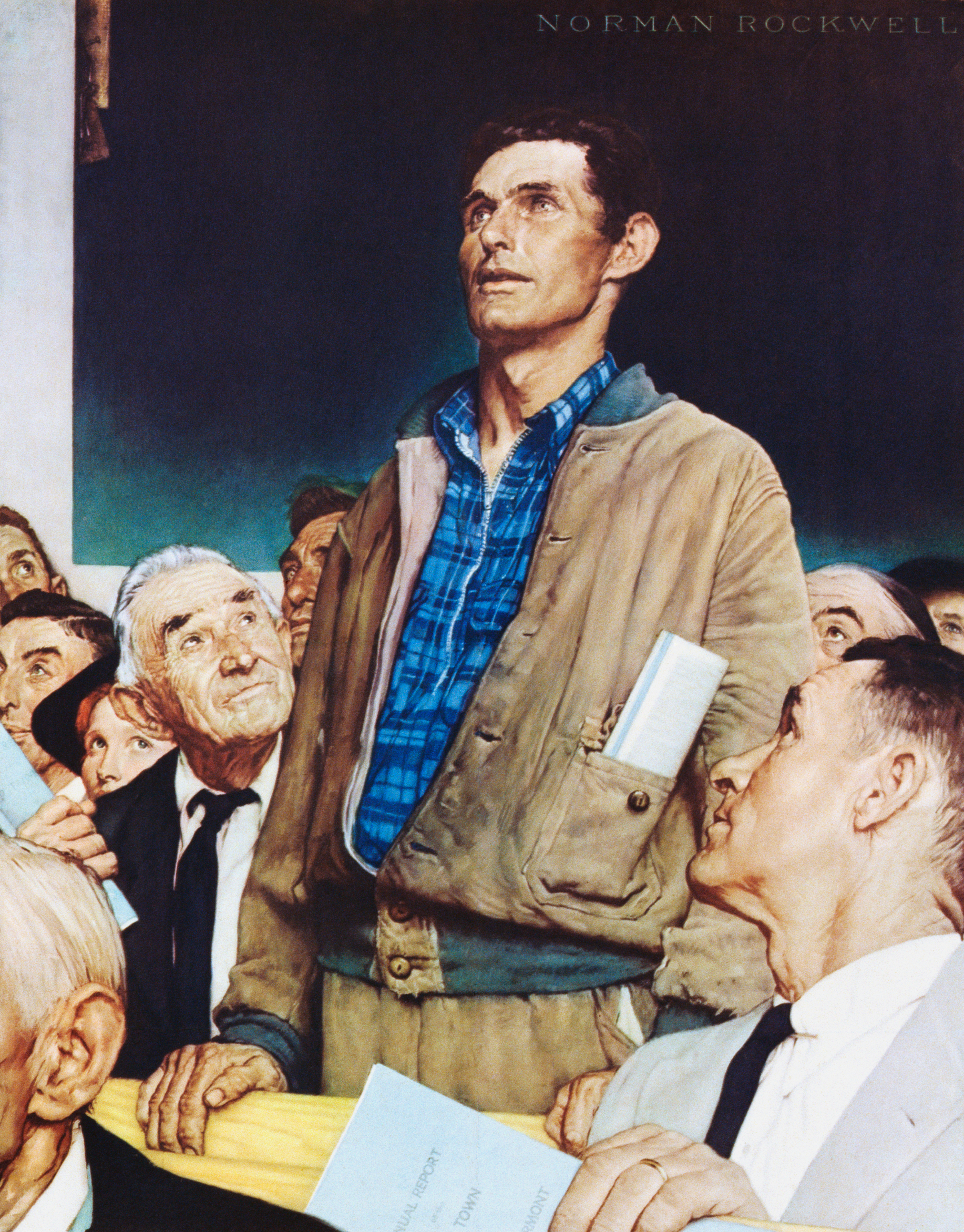 Norman Rockwell painting &quot;Freedom of Speech&quot;: a man stands up to speak his mind in a meeting