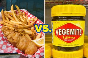 British fish and chips next to a container of vegemite