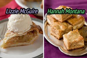 On the left, a slice of apple pie topped with vanilla ice cream labeled Lizzie McGuire, and on the right, a plate of blondies labeled Hannah Montana