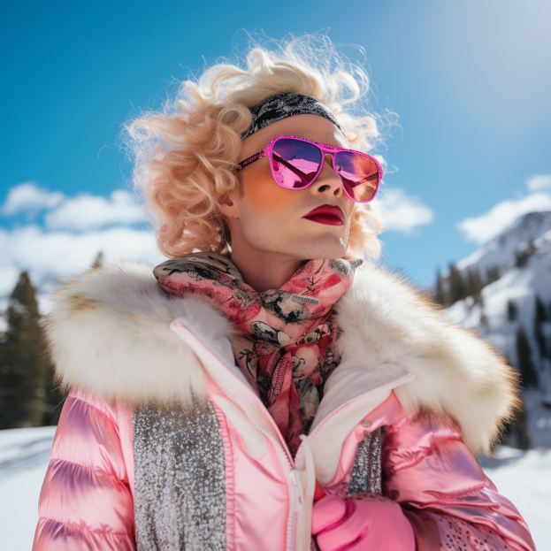 closeup of a person wearing a ski jacket with fur lining and sunglasses