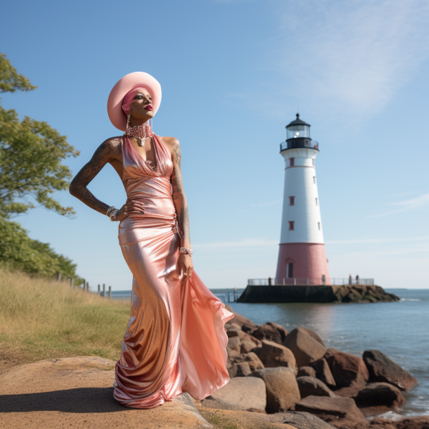 person wearing a hat and a haltered silk dress outside by a lighthouse