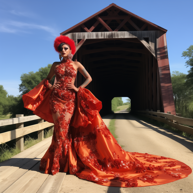 person on a bridge wearing a fiery dress with a long train and fuzzy hat