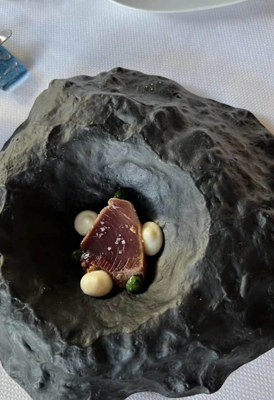 A piece of fish is served in this molten rock-like bowl
