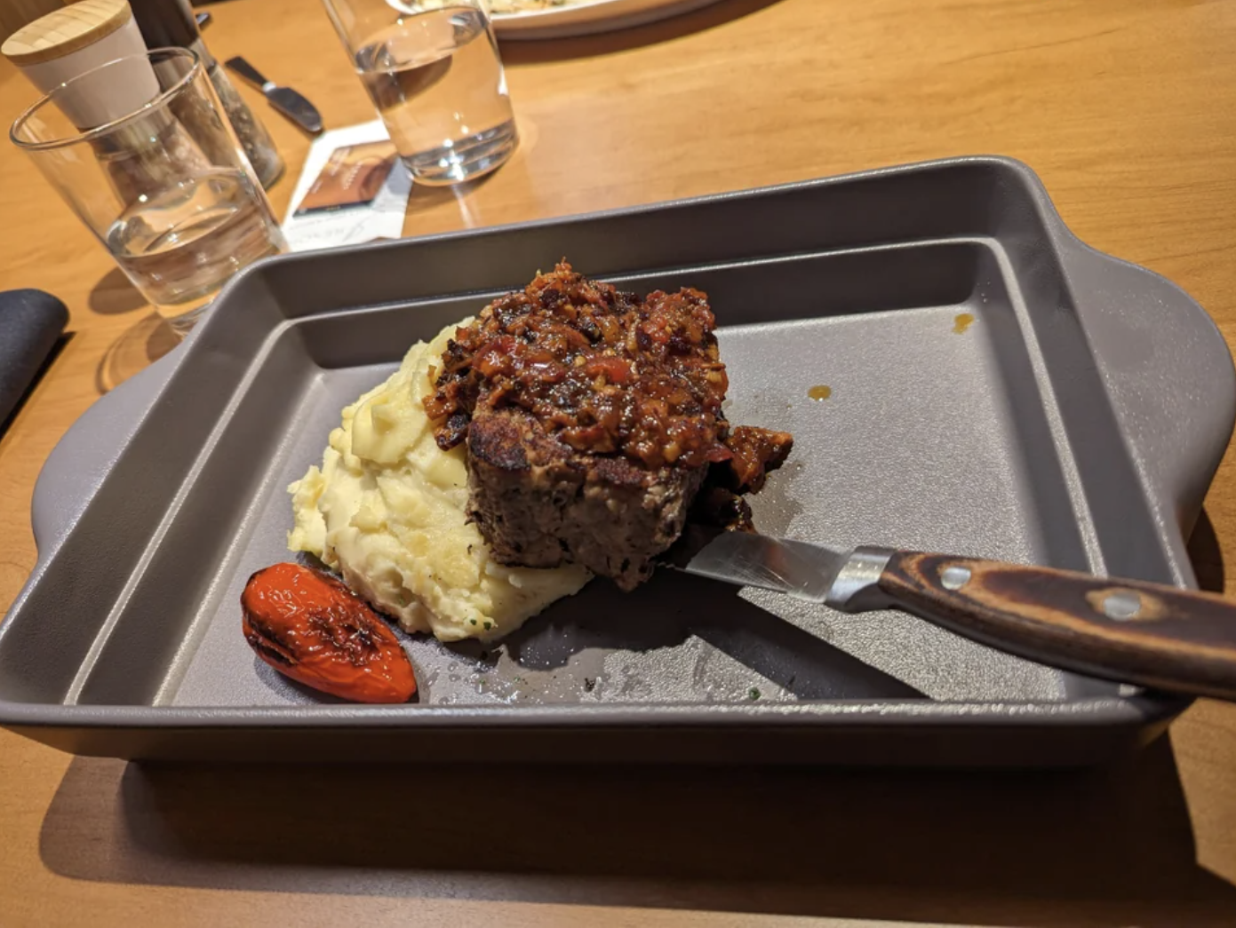 This meatloaf and mash is served in a baking tray