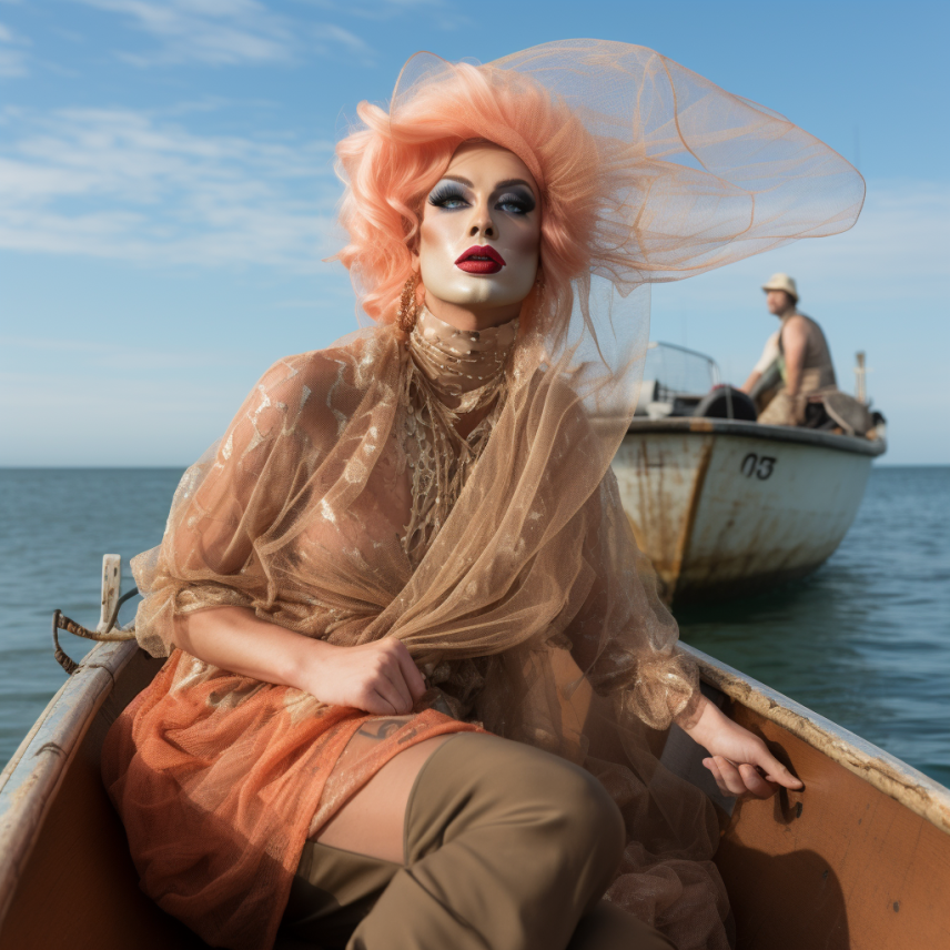 person in a canoe wearing a sheer layered dress